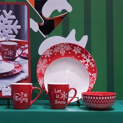 Floco de neve vermelho de Natal 16-conjunto de louças de cerâmica